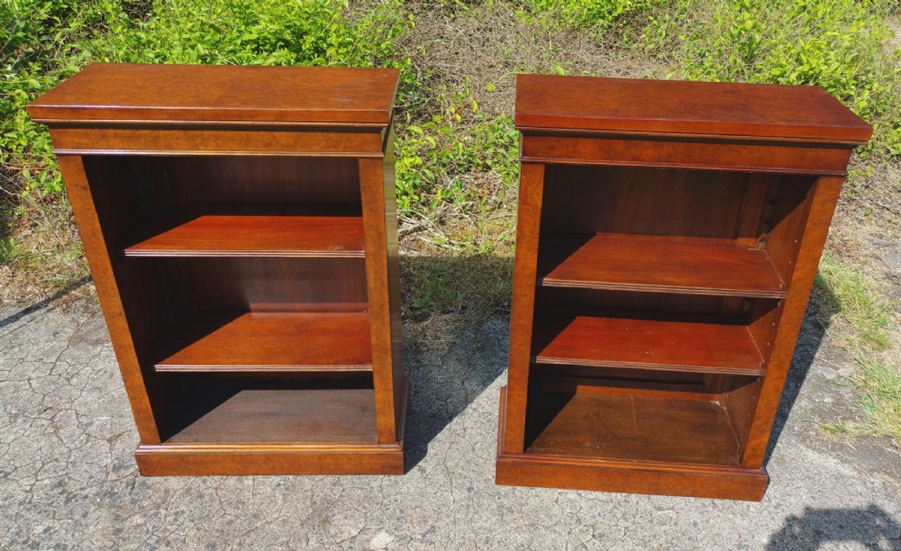Pair of small walnut open front bookcases. View V