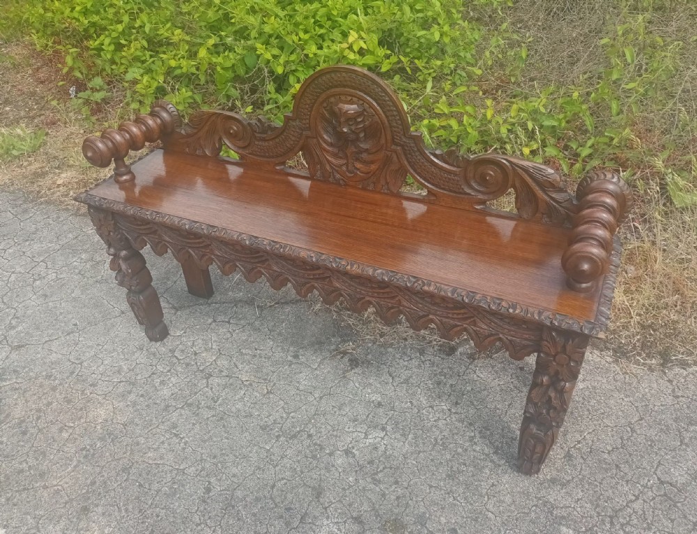 Victorian carved oak hall bench. View III