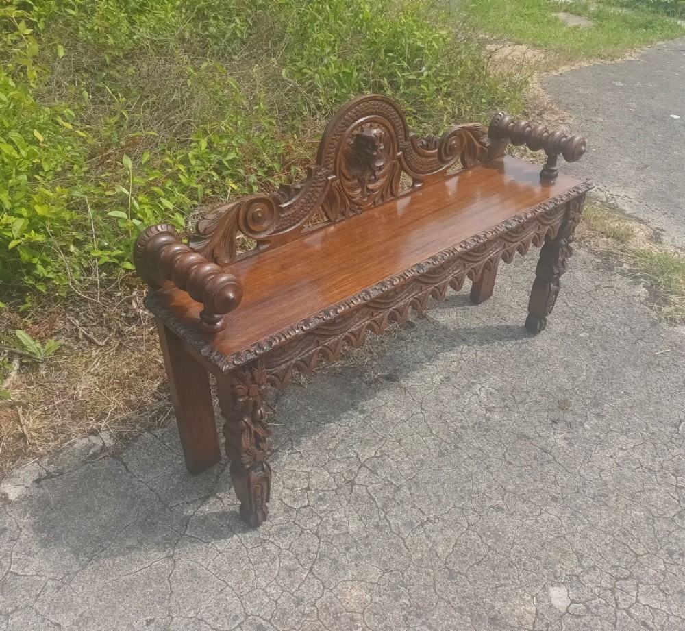 Victorian carved oak hall bench. View V
