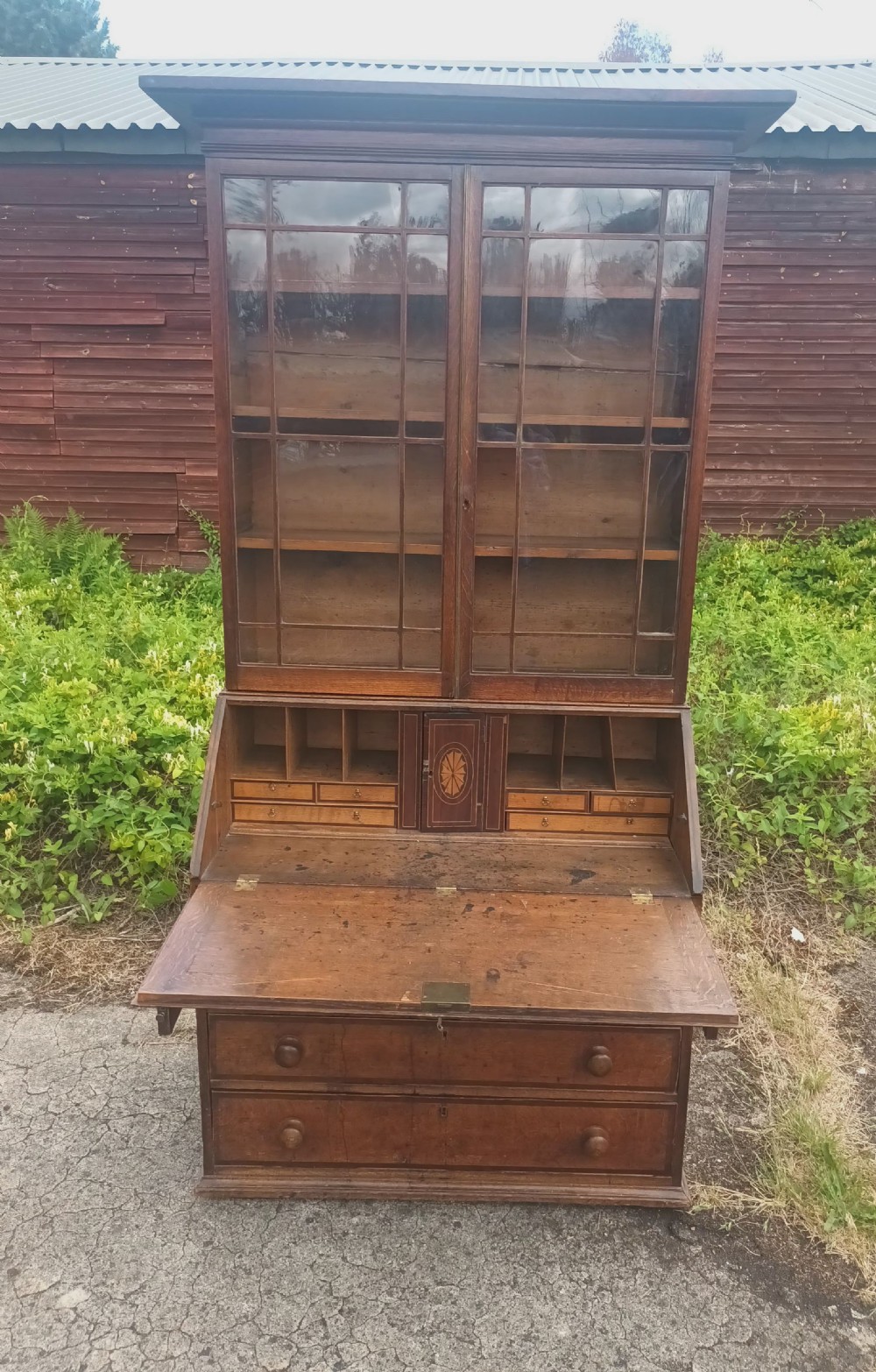 Late Georgian oak bureau bookcase.  View X