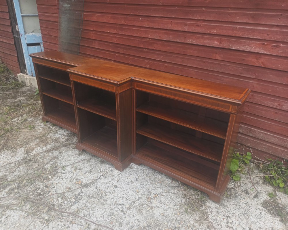 Edwardian inlaid mahogany breakfront open bookcase.  View II