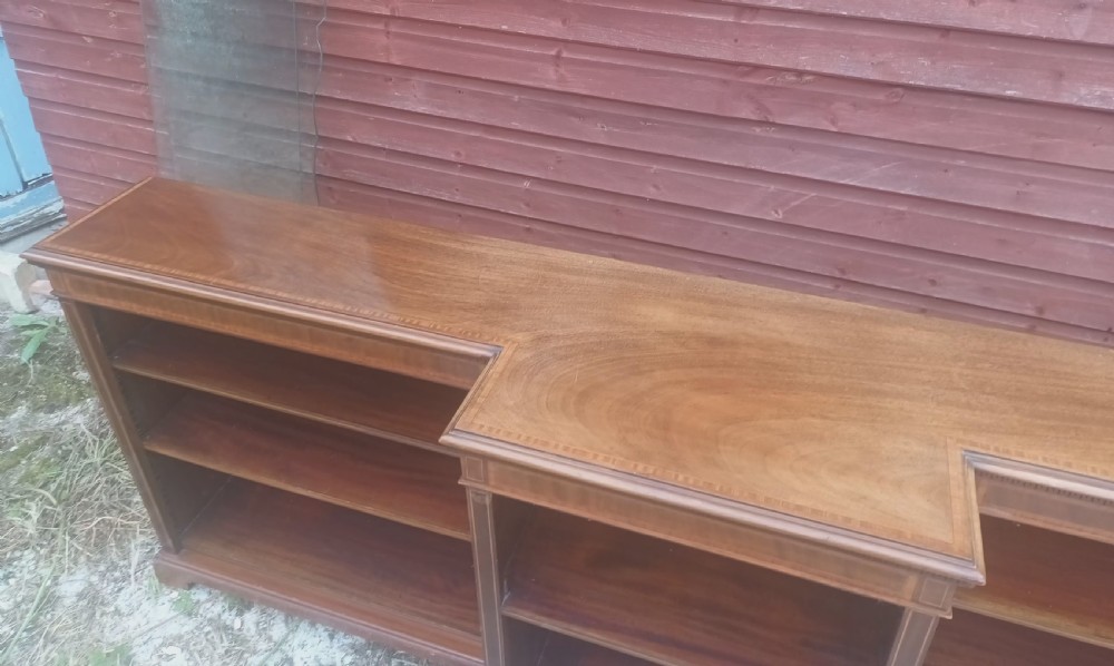 Edwardian inlaid mahogany breakfront open bookcase.  View V