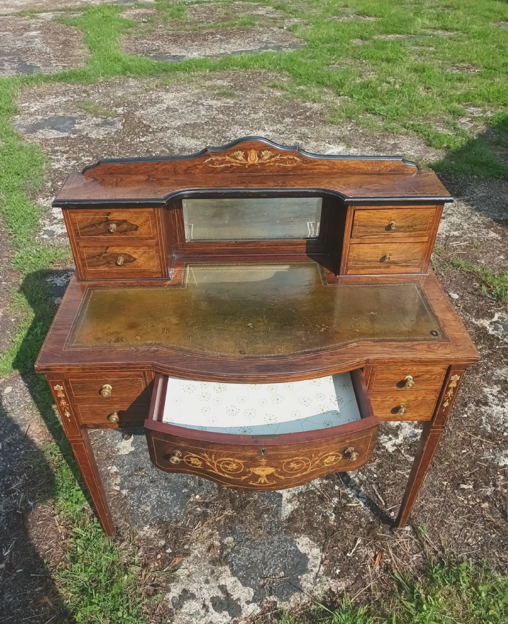 Edwardian inlaid rosewood writing table.  View IV