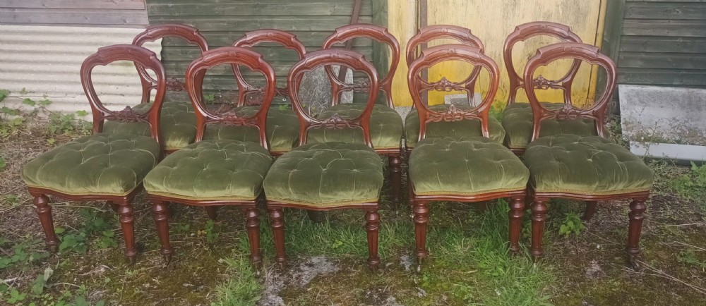 Set of 10 Victorian mahogany balloon back dining chairs. View II