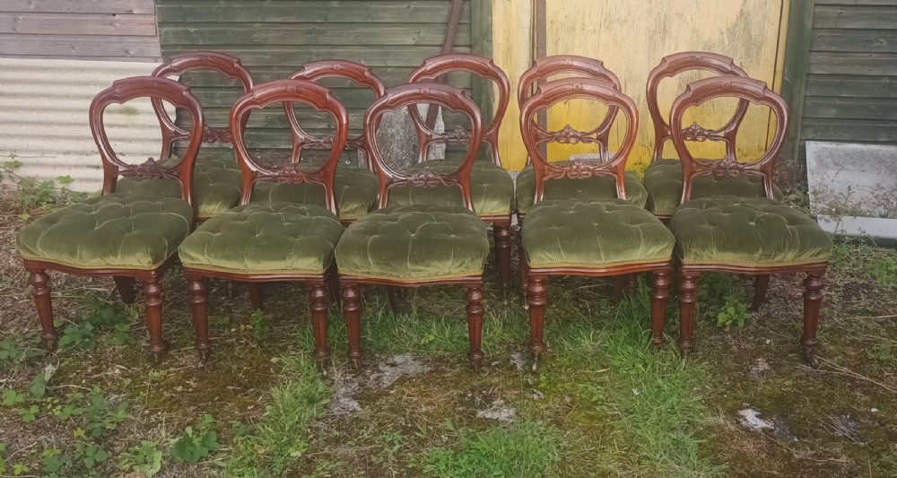 Set of 10 Victorian mahogany balloon back dining chairs. View VI