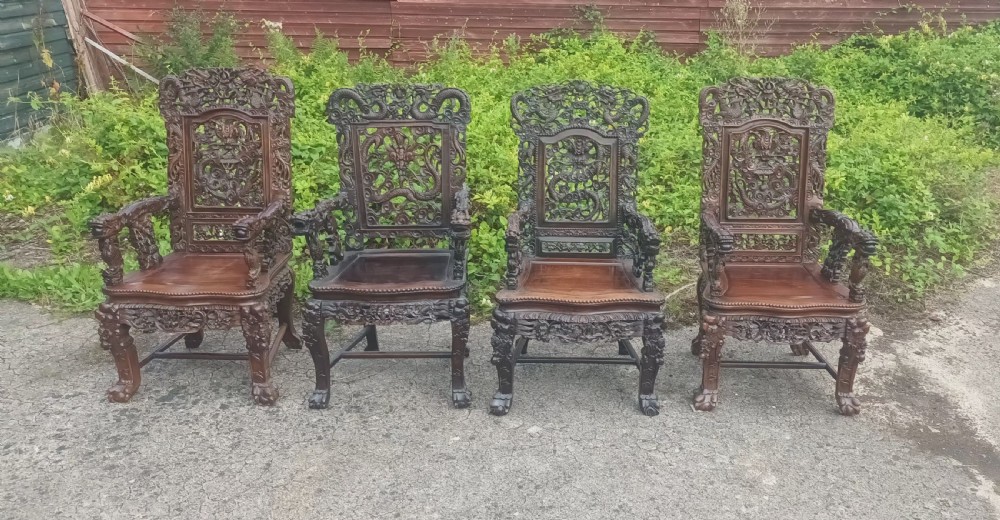 4 carved Chinese hardwood armchairs  View III