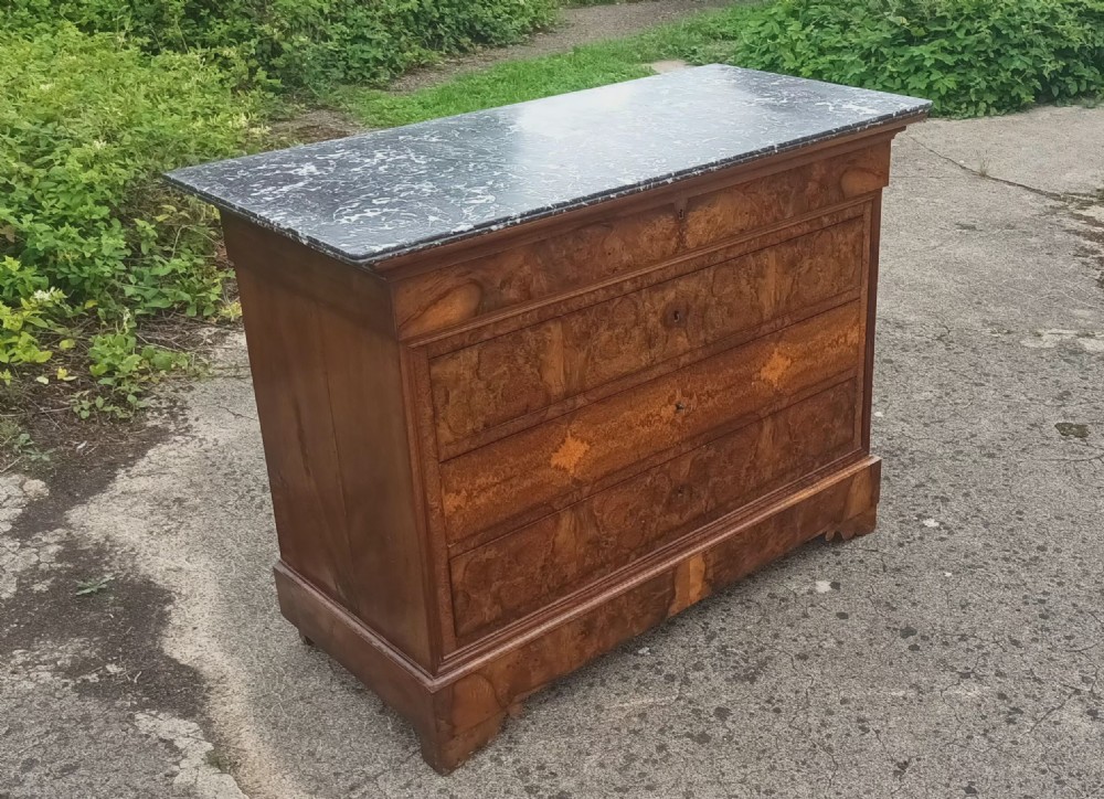 Walnut 4 drawer French marble top commode chest