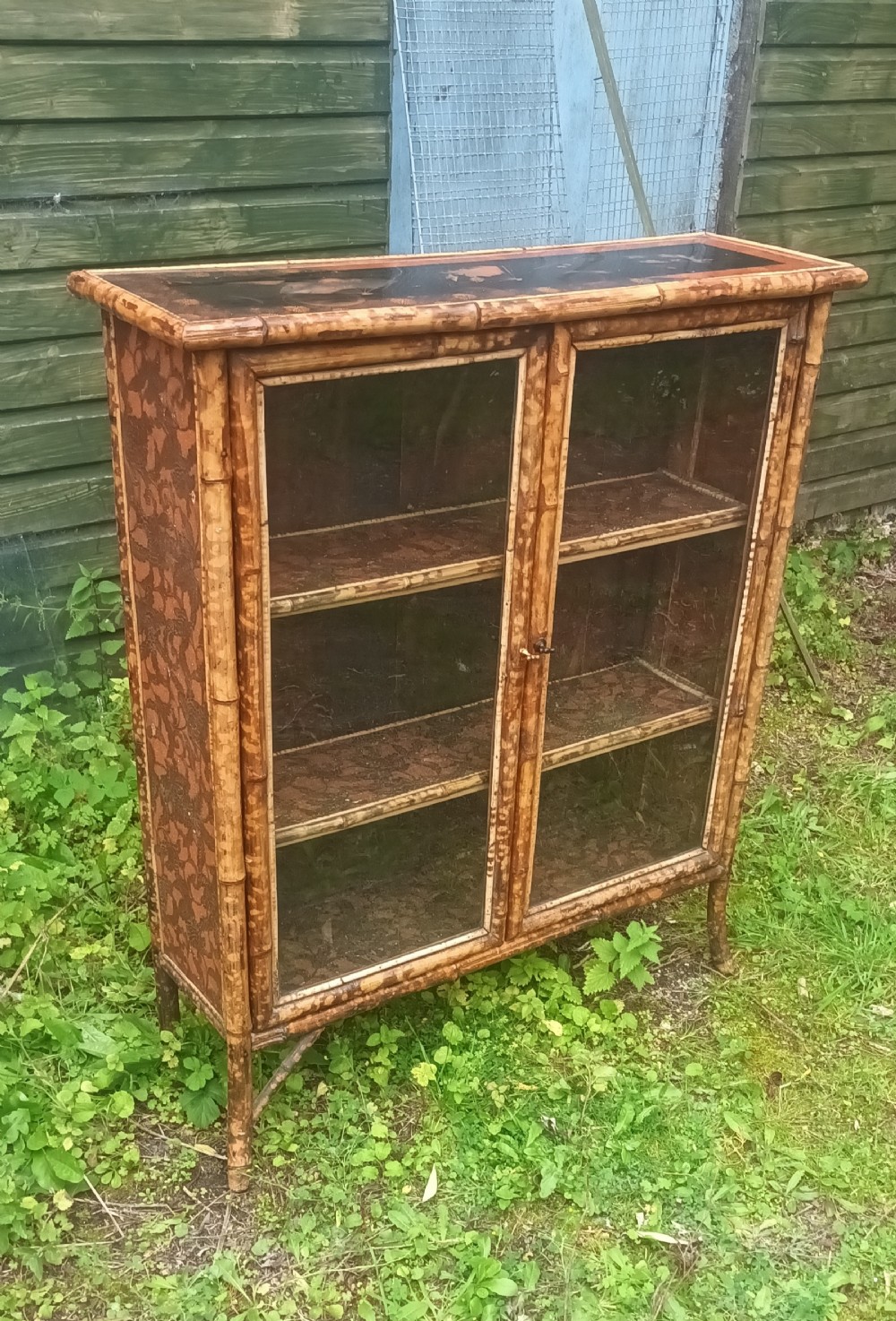 Victorian bamboo 2 door glazed bookcase cabinet. 