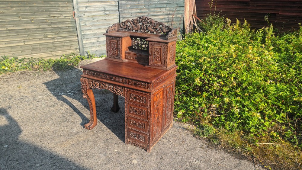 Ornate Carved hardwood Chinese writing desk. View II