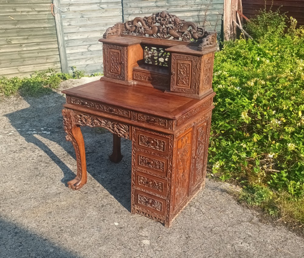Ornate Carved hardwood Chinese writing desk. View III