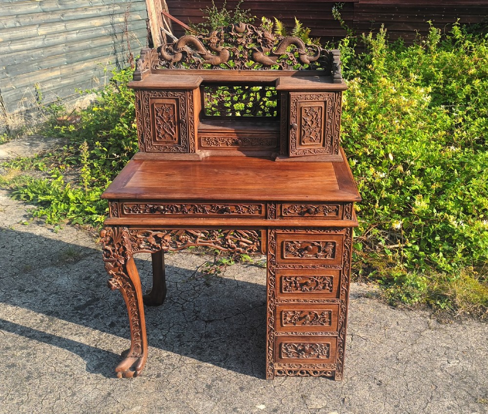 Ornate Carved hardwood Chinese writing desk. View V