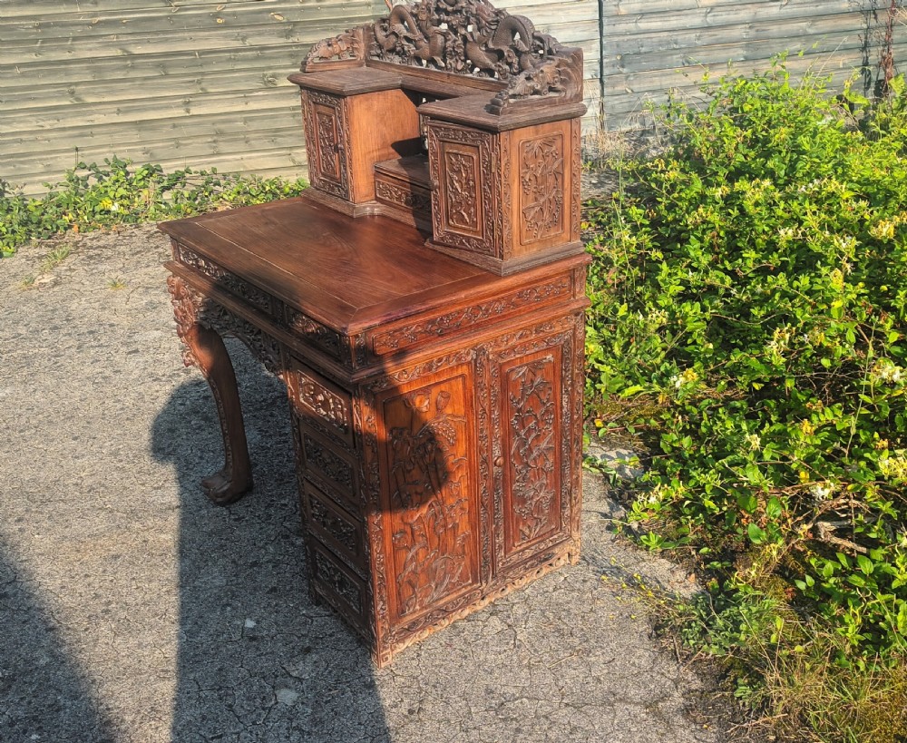 Ornate Carved hardwood Chinese writing desk. View VII