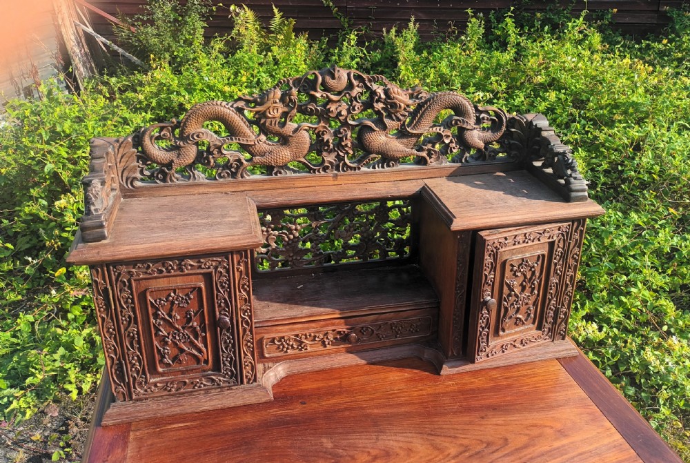 Ornate Carved hardwood Chinese writing desk. View VIII