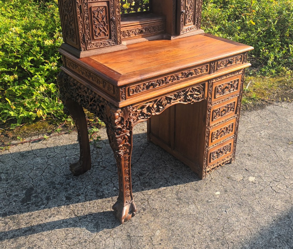Ornate Carved hardwood Chinese writing desk. View IX