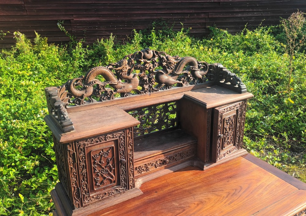 Ornate Carved hardwood Chinese writing desk. View XII