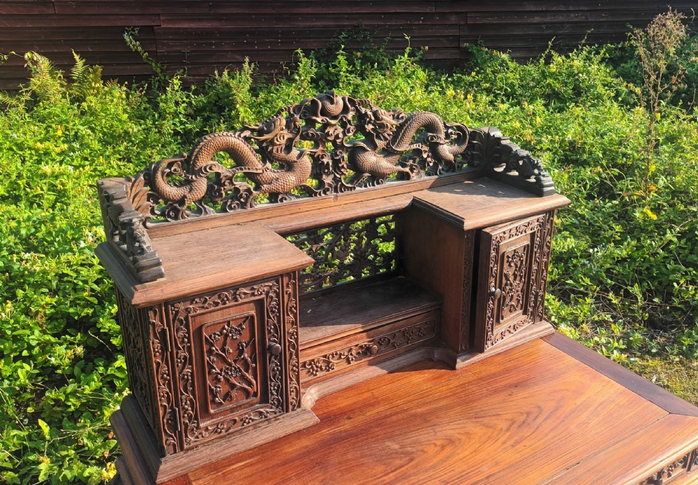 Ornate Carved hardwood Chinese writing desk. View XIII