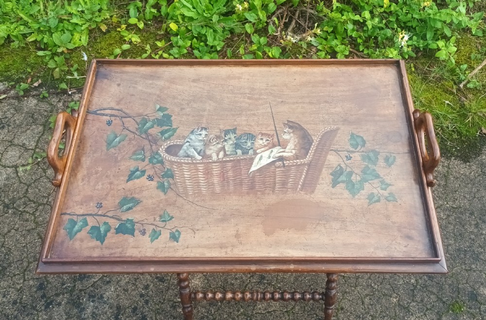 Delightful Victorian painted tray on stand, in the manner of Louis Wain. View VI