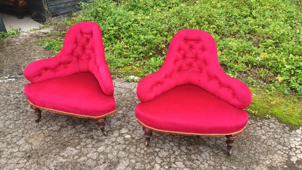 Pair of Victorian upholstered corner chairs on good legs and castors  View III
