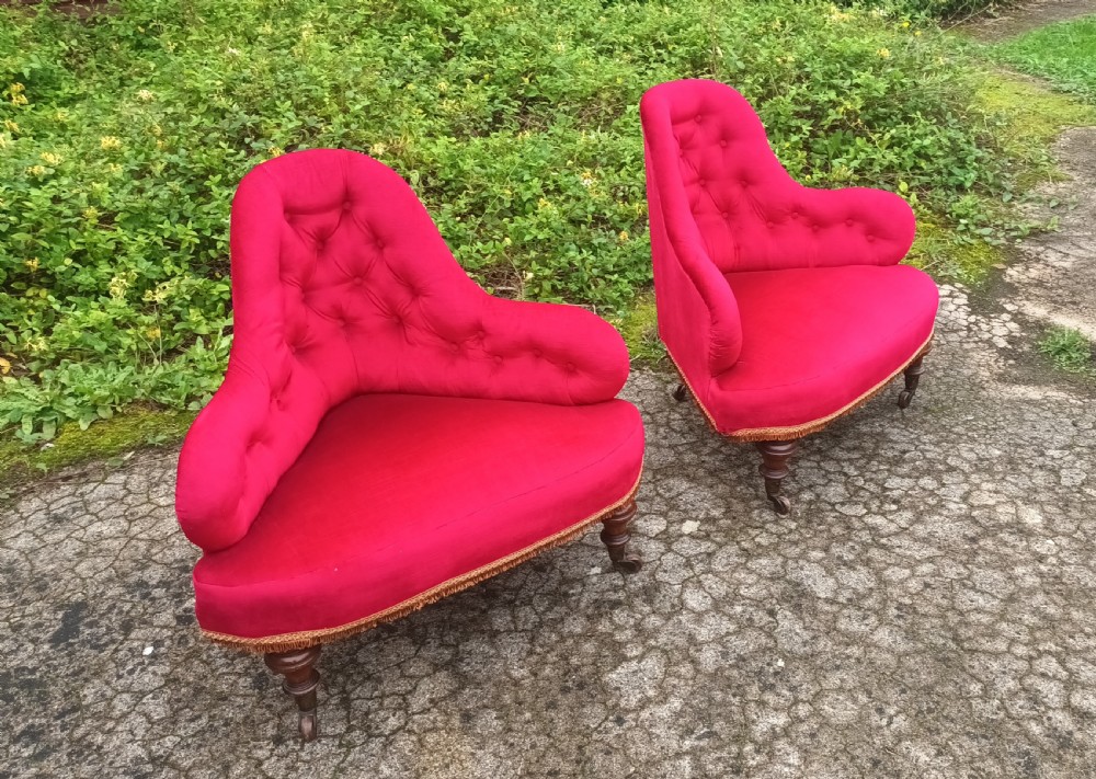 Pair of Victorian upholstered corner chairs on good legs and castors  View IX