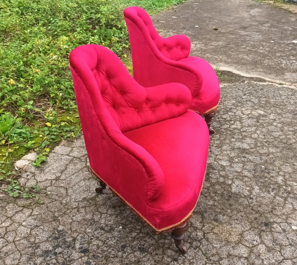 Pair of Victorian upholstered corner chairs on good legs and castors  View X