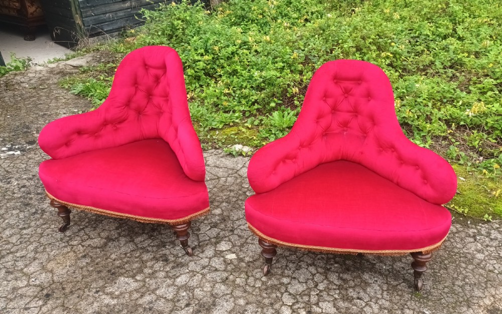 Pair of Victorian upholstered corner chairs on good legs and castors  View XI