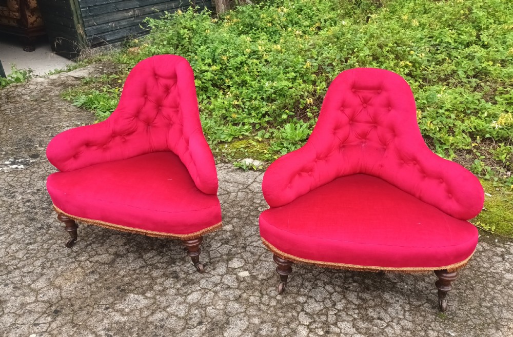 Pair of Victorian upholstered corner chairs on good legs and castors  View XII