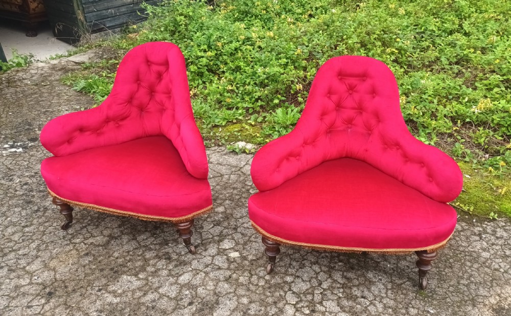 Pair of Victorian upholstered corner chairs on good legs and castors  View XIV