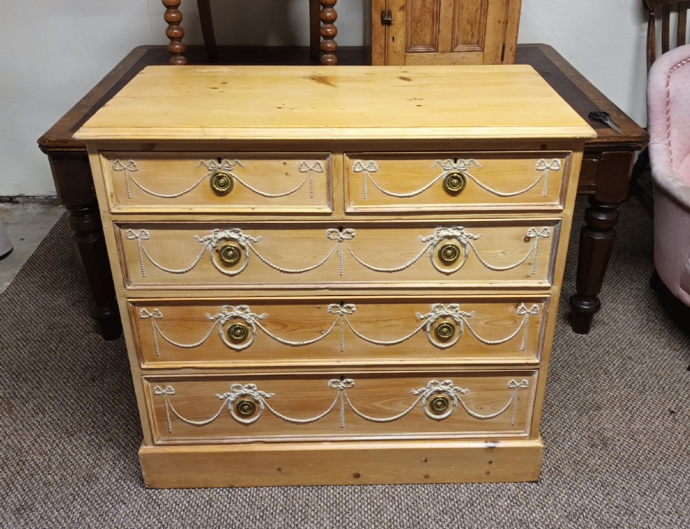 Good decorative Edwardian pine chest of drawers. View III
