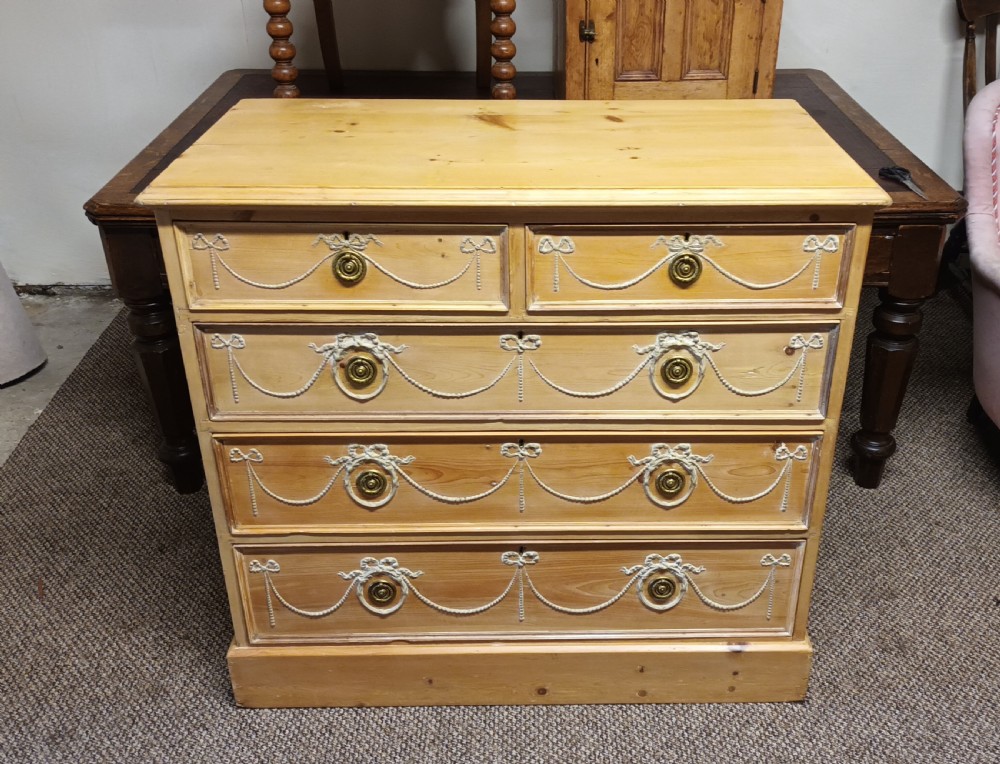 Good decorative Edwardian pine chest of drawers. View IV