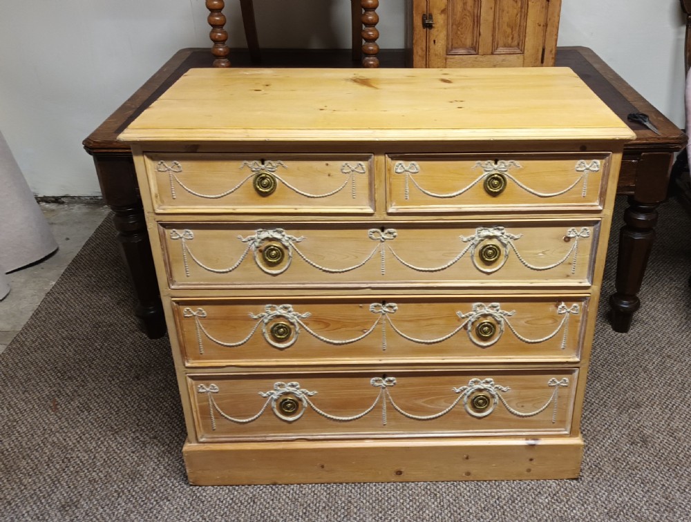 Good decorative Edwardian pine chest of drawers. View VI