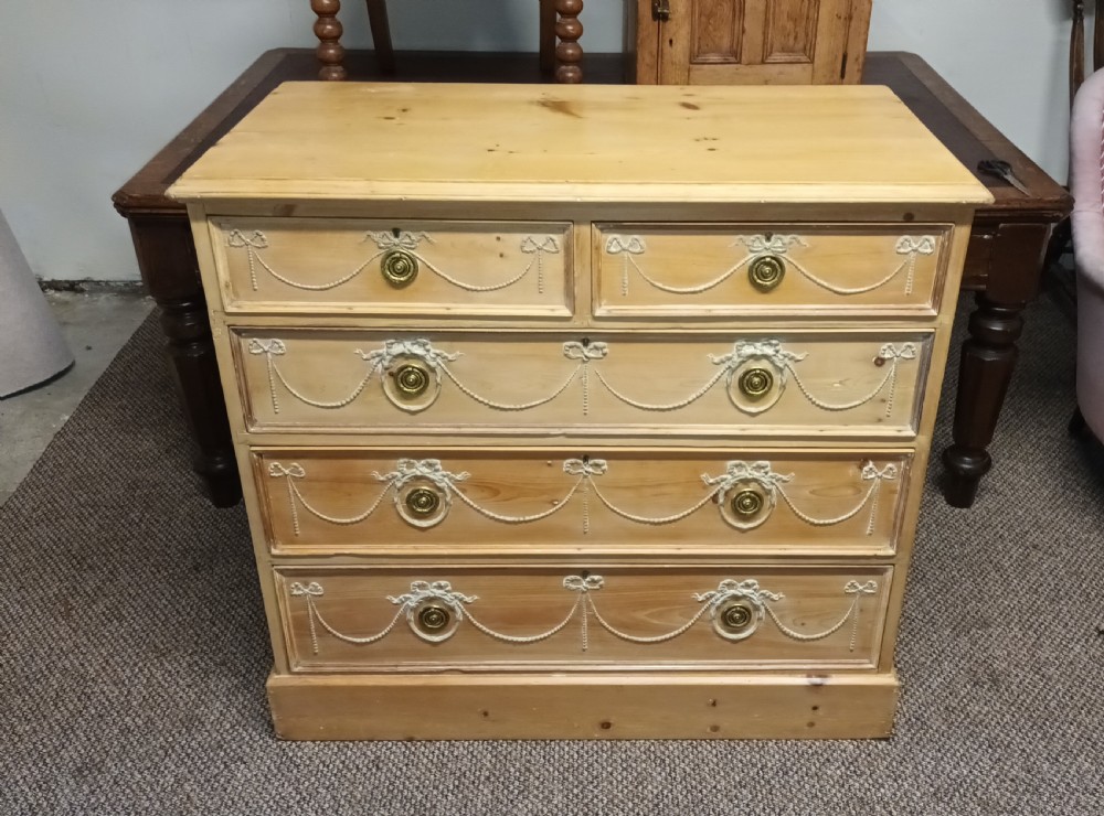 Good decorative Edwardian pine chest of drawers. View VIII
