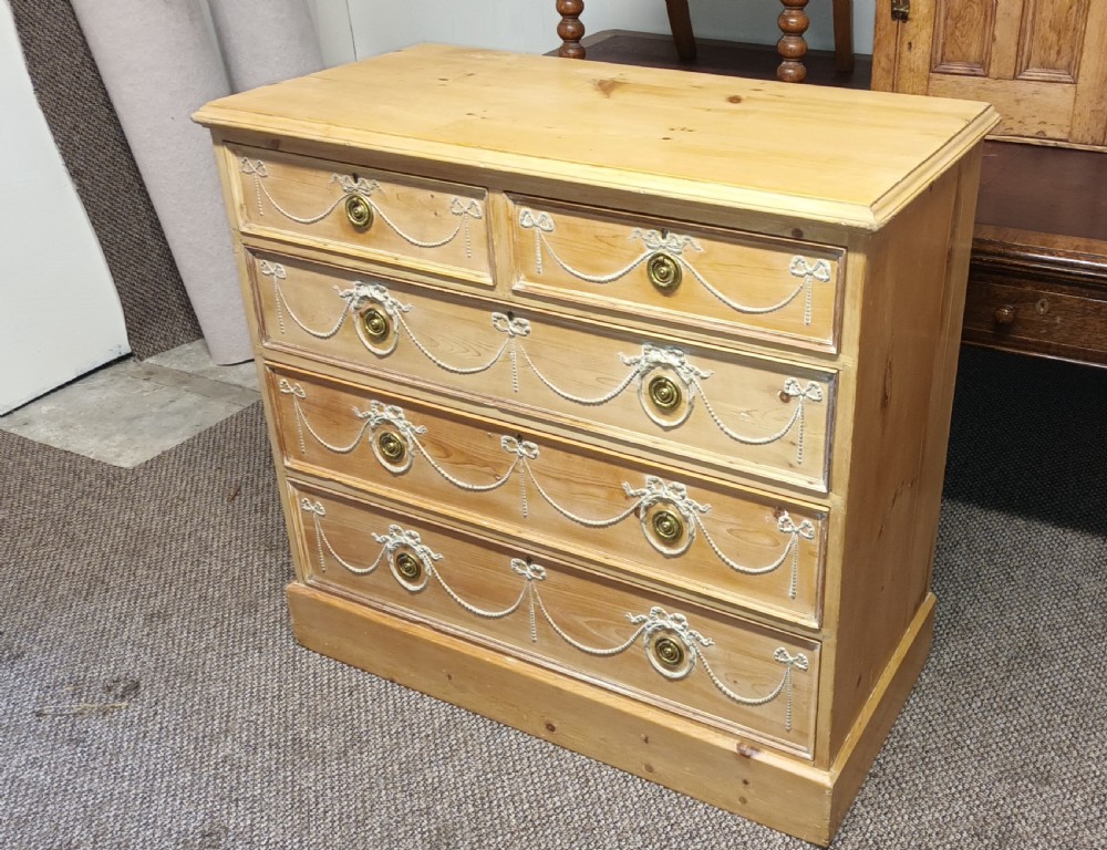 Good decorative Edwardian pine chest of drawers. View XI