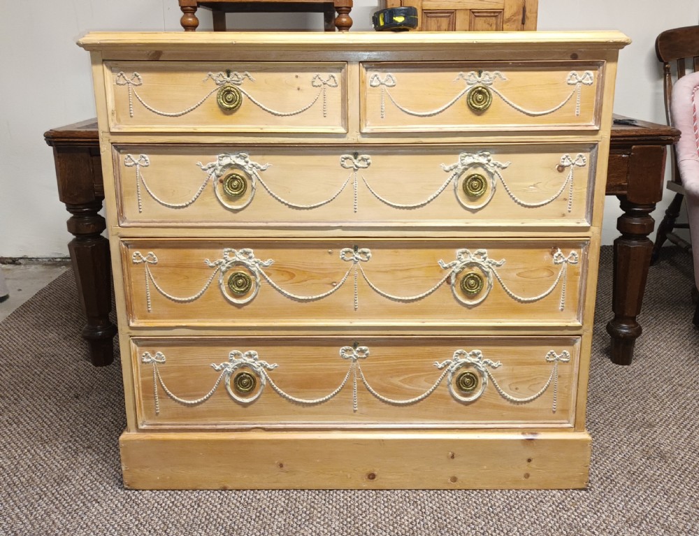 Good decorative Edwardian pine chest of drawers. View XII