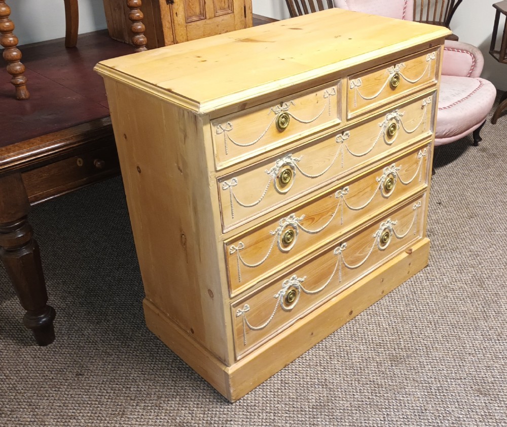 Good decorative Edwardian pine chest of drawers. View XIII
