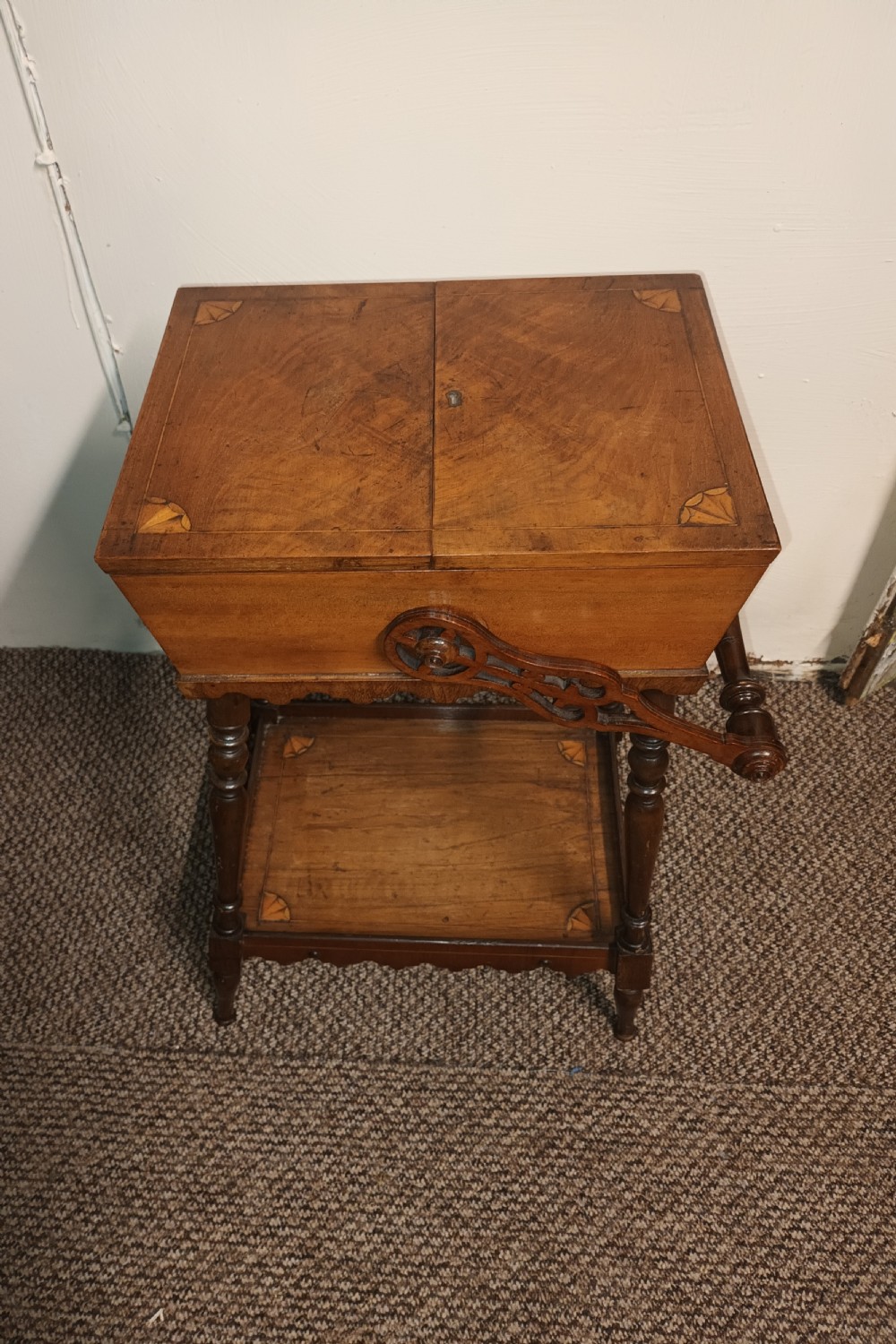 Late Victorian inlaid sewing table.