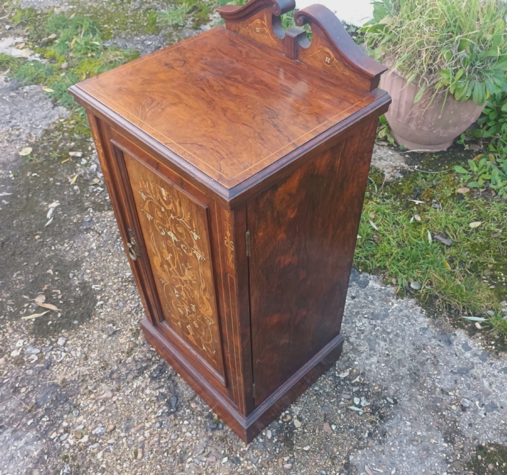 Late Victorian inlaid rosewood bedside cabinet.  View V