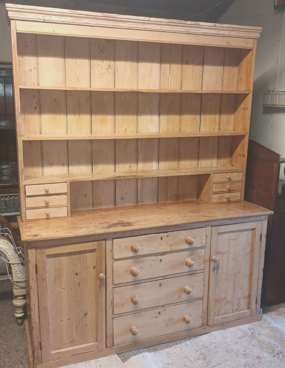 Victorian pine 2 part kitchen dresser with rack.