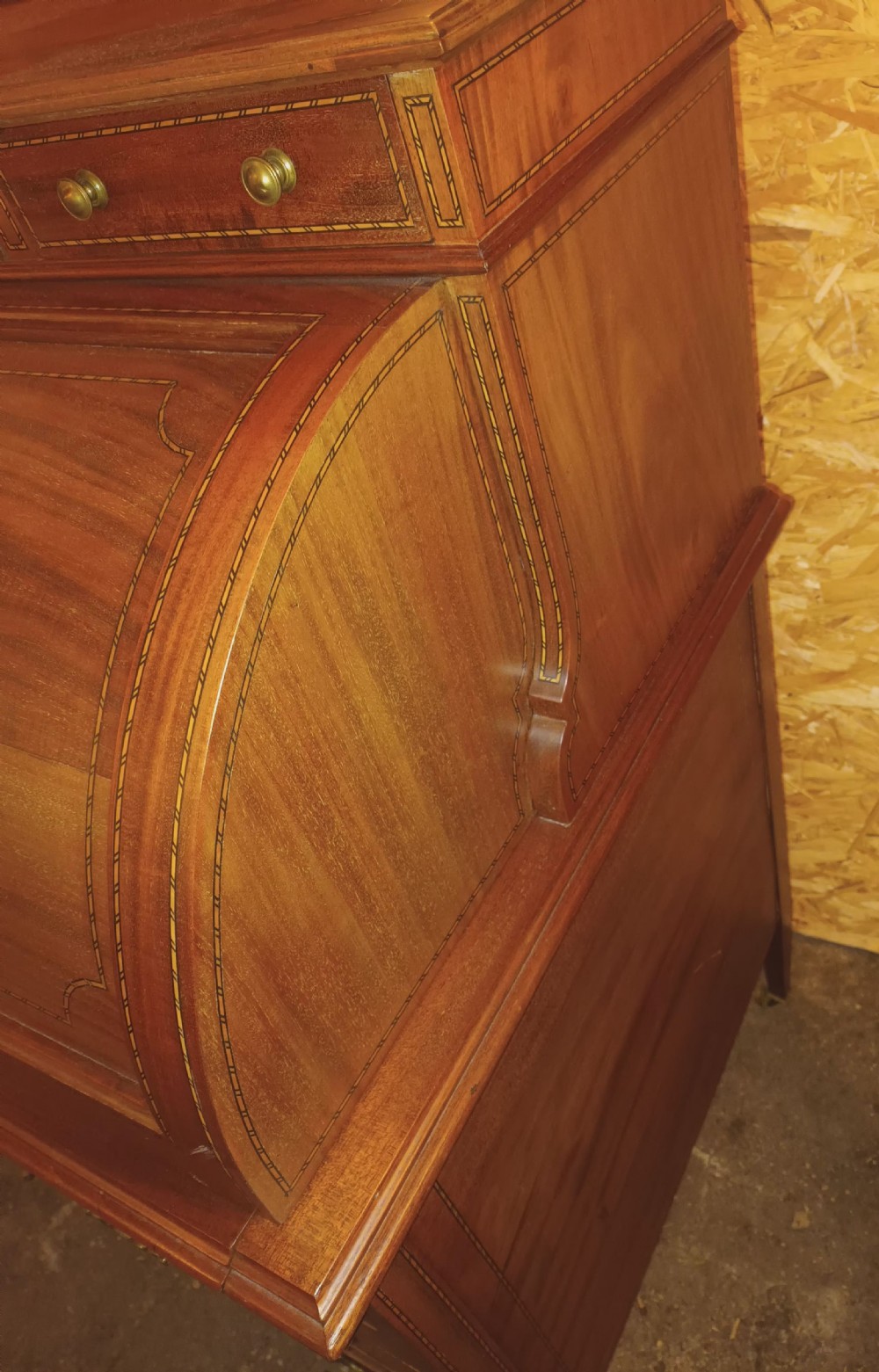 Edwardian inlaid mahogany cylinder top writing desk. View III