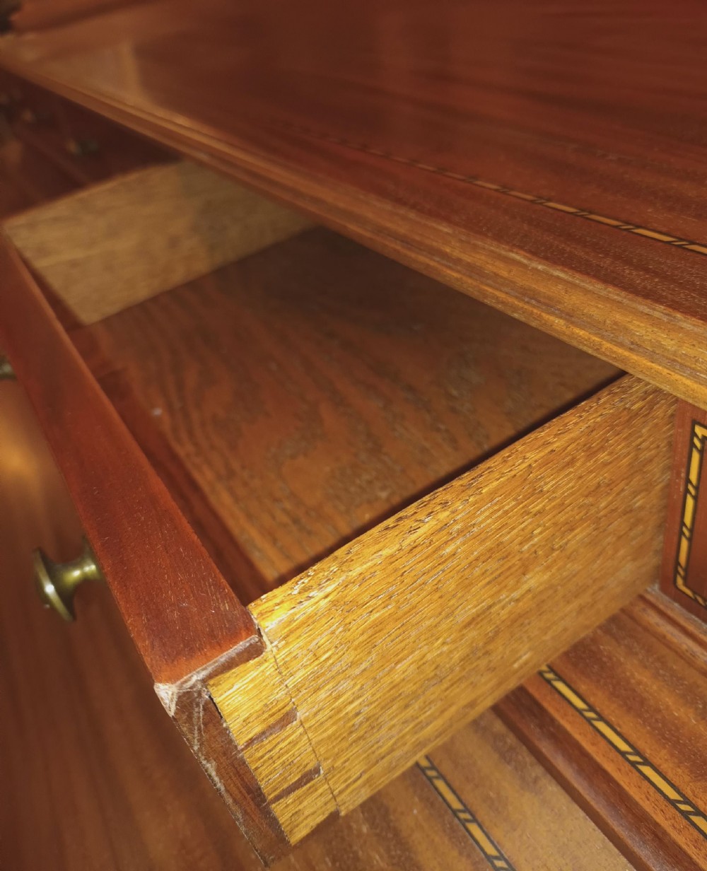 Edwardian inlaid mahogany cylinder top writing desk. View IV