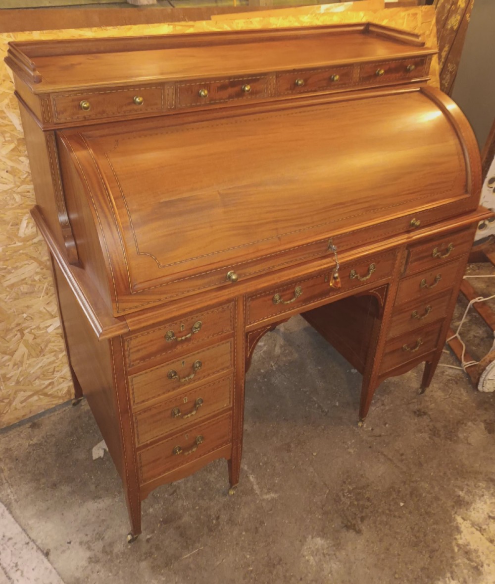 Edwardian inlaid mahogany cylinder top writing desk. View V