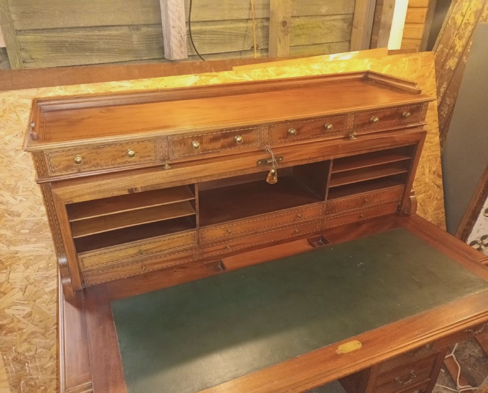 Edwardian inlaid mahogany cylinder top writing desk. View VII