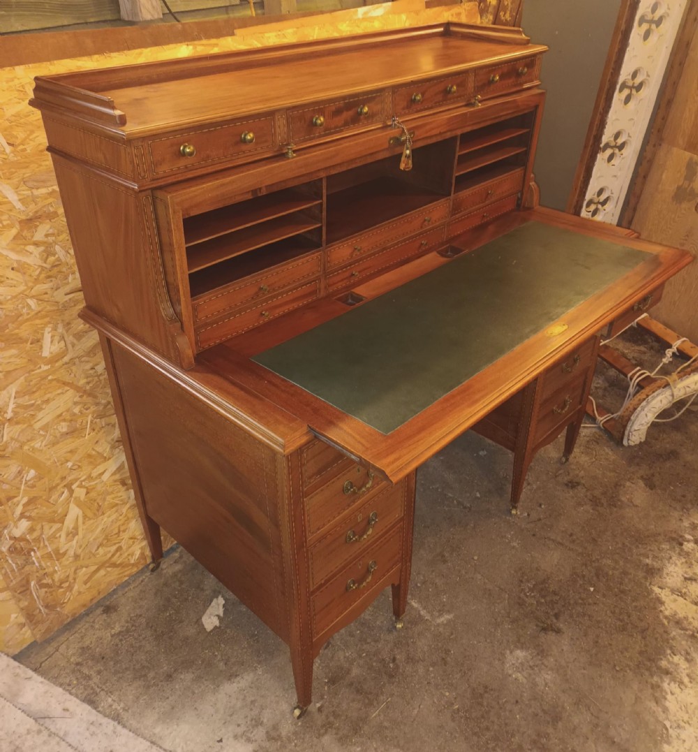 Edwardian inlaid mahogany cylinder top writing desk. View VIII