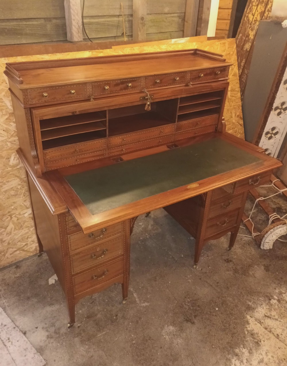 Edwardian inlaid mahogany cylinder top writing desk. View IX