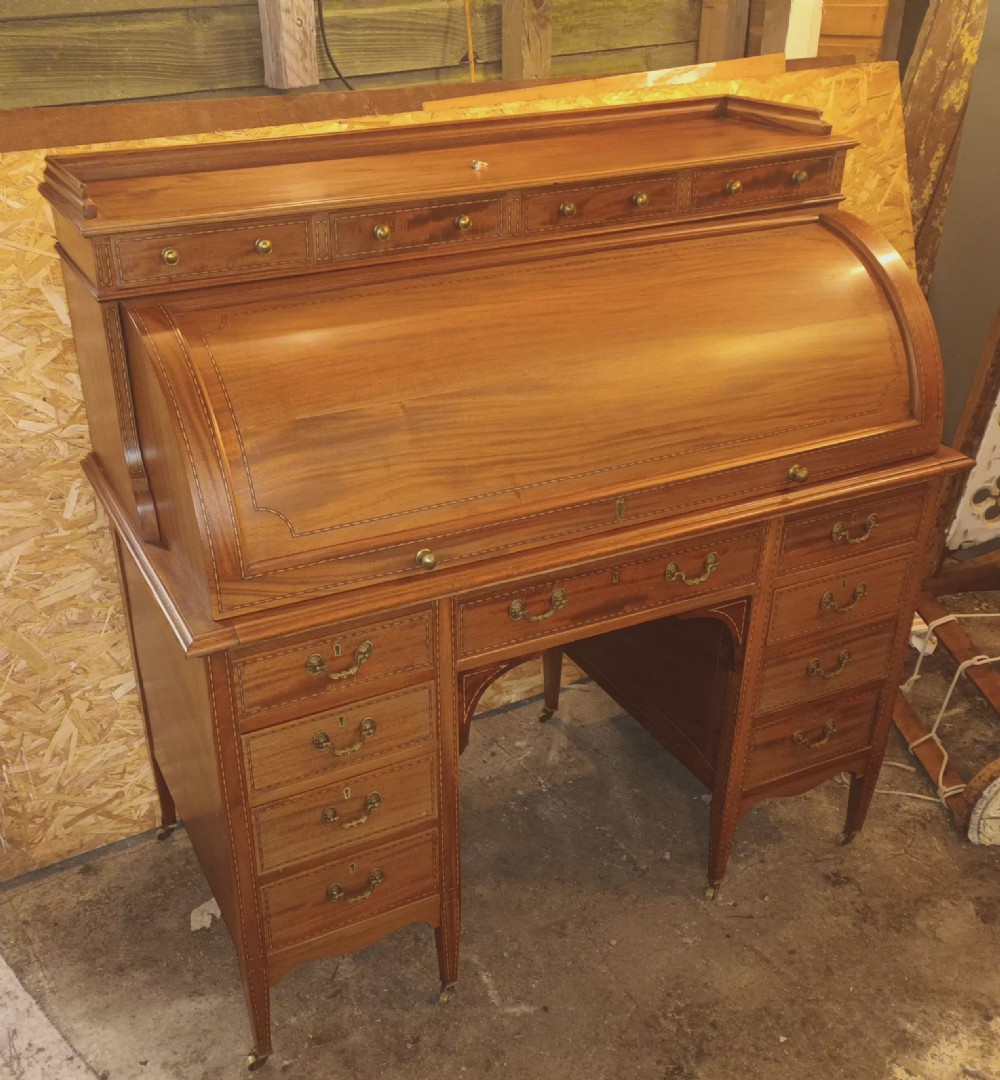 Edwardian inlaid mahogany cylinder top writing desk. View XII