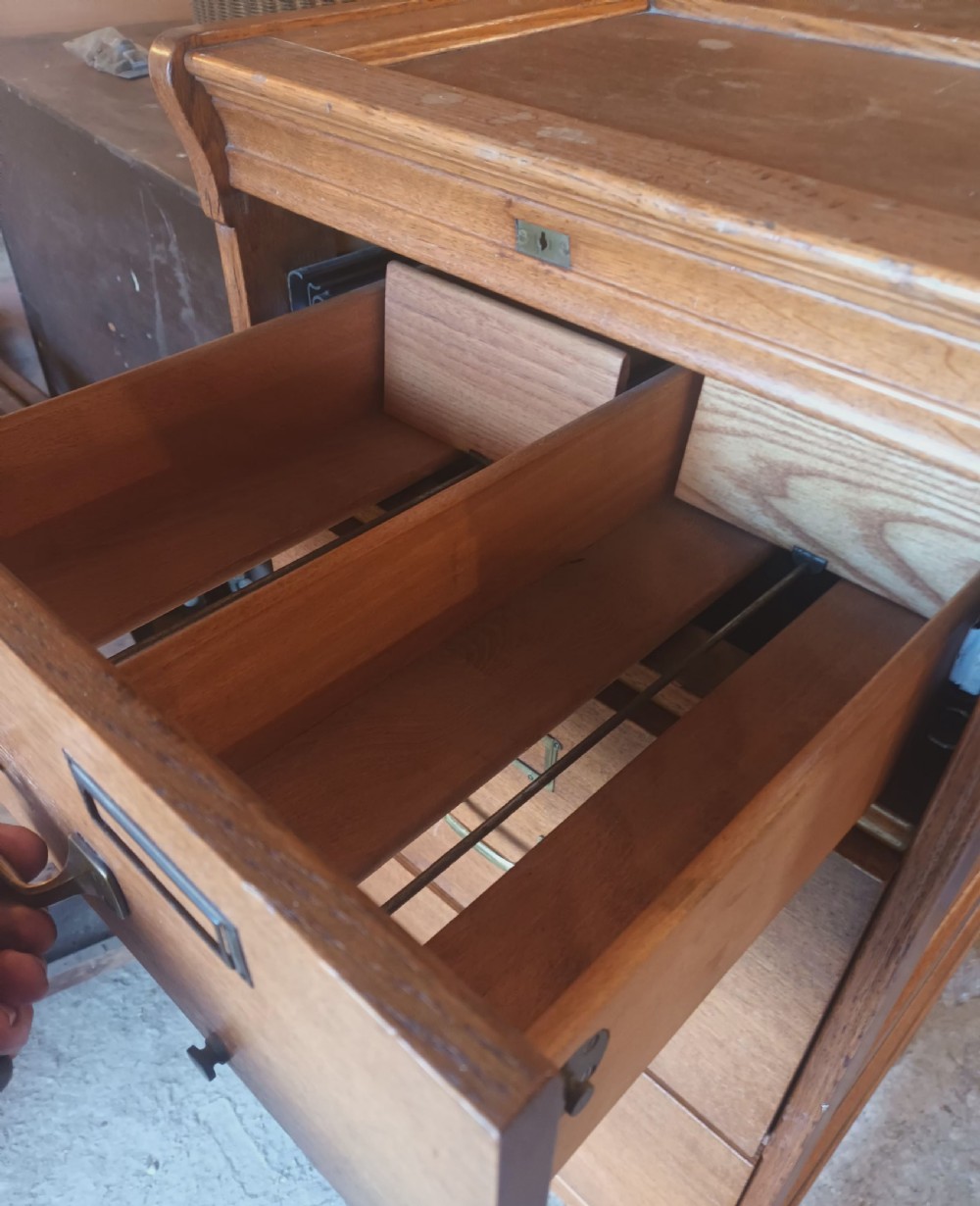 Oak panelled 3 drawer filing office cabinet.  View III