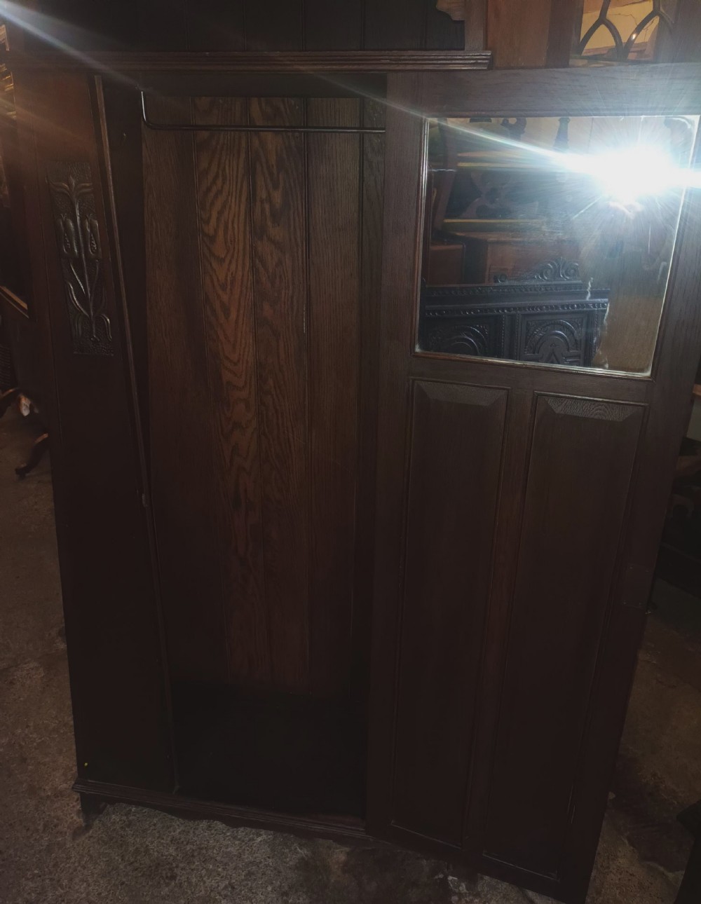 Useful oak arts and crafts hall wardrobe of compact size. View VII