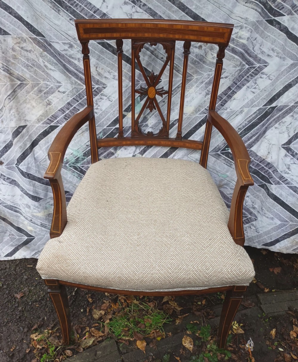 Edwardian inlaid mahogany desk armchair.  View IV