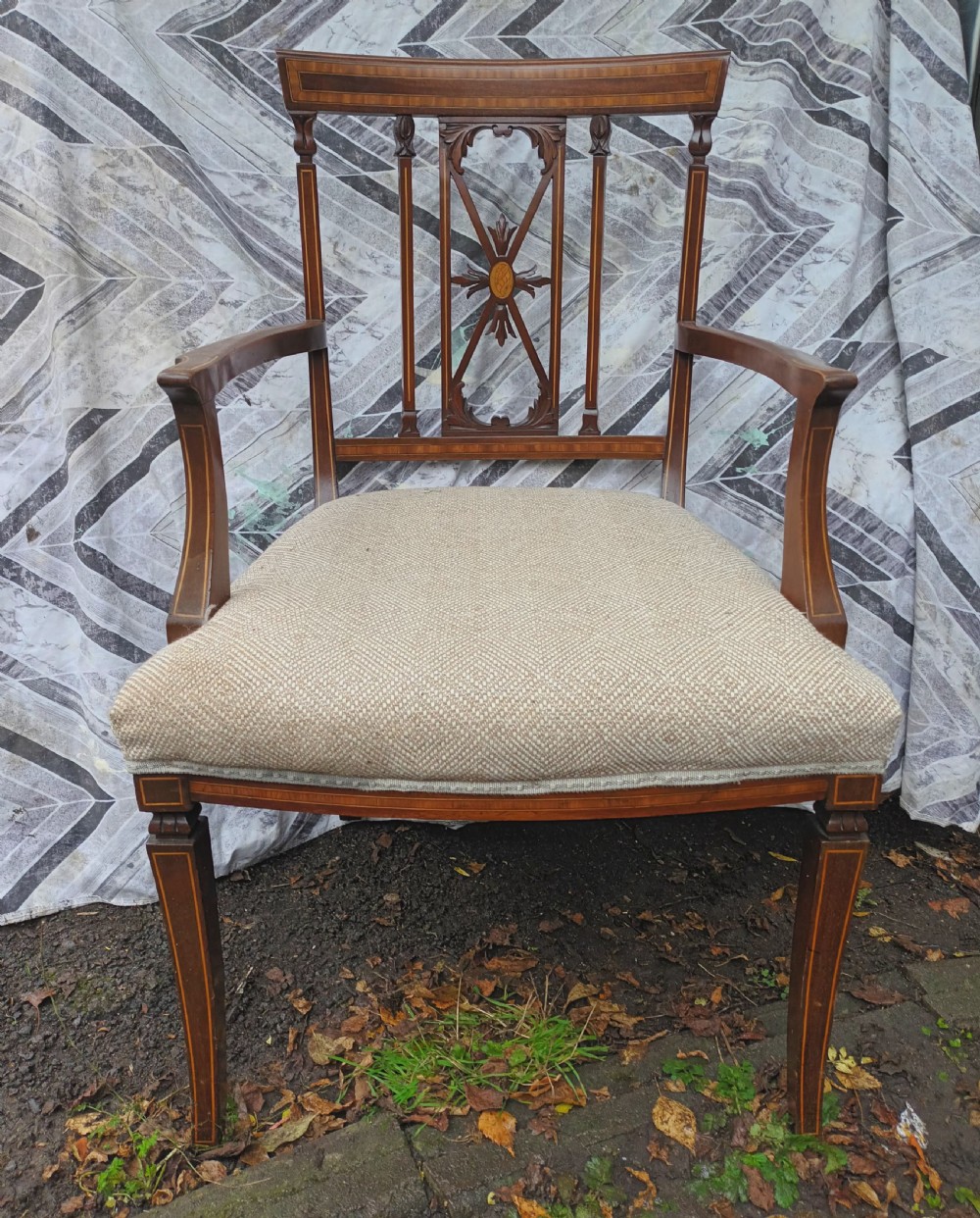 Edwardian inlaid mahogany desk armchair.  View VIII