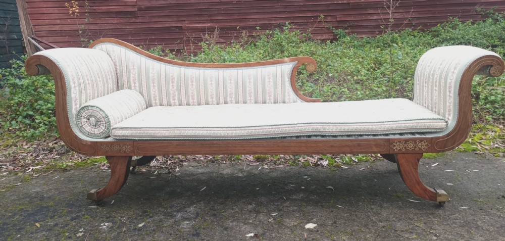 Large elegant Regency brass inlaid chaise longue.  View IX