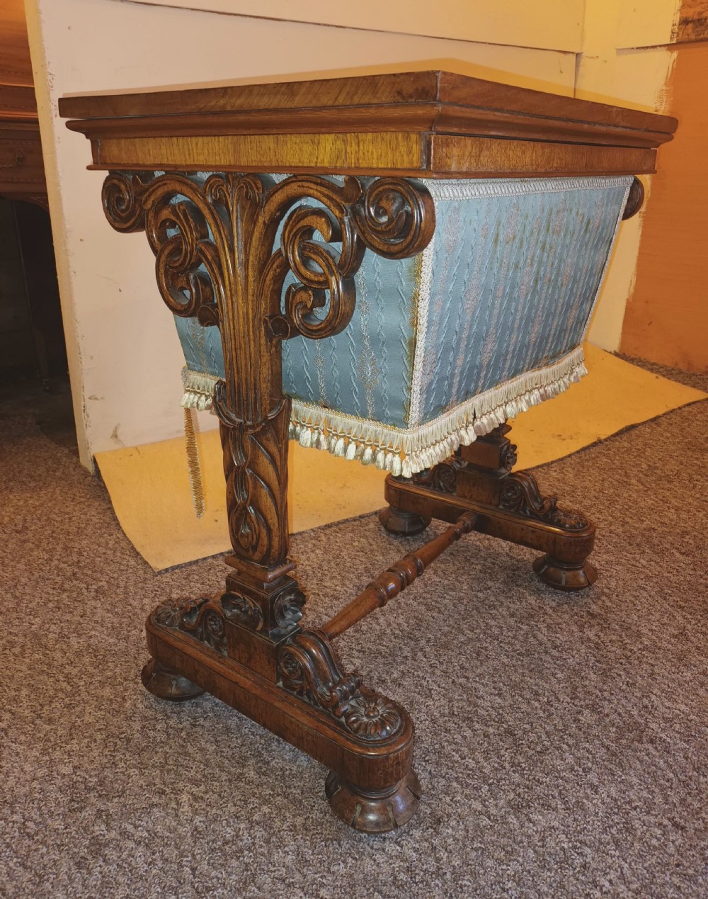 Early Victorian rosewood side sewing table.  View III